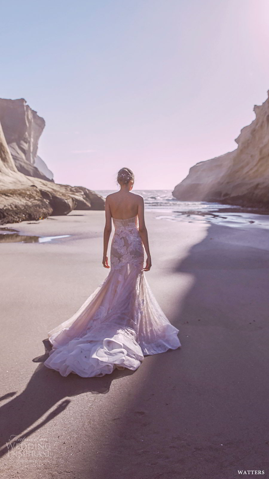 watters spring 2019 bridal strapless straight across split neckline mermaid fit flare lace wedding dress (2) bv chapel train blush color romantic modern watters spring 2019 bridal strapless straight across split neckline mermaid fit flare lace wedding dress (2) bv chapel train blush color romantic modern