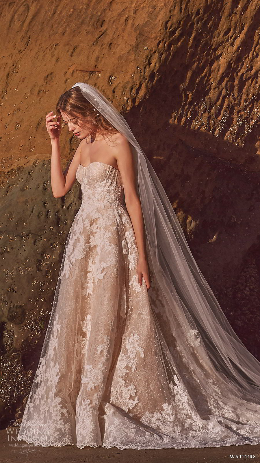 watters spring 2019 bridal strapless sweetheart heavily embellished lace ball gown wedding dress (1) mv blush color chapel train