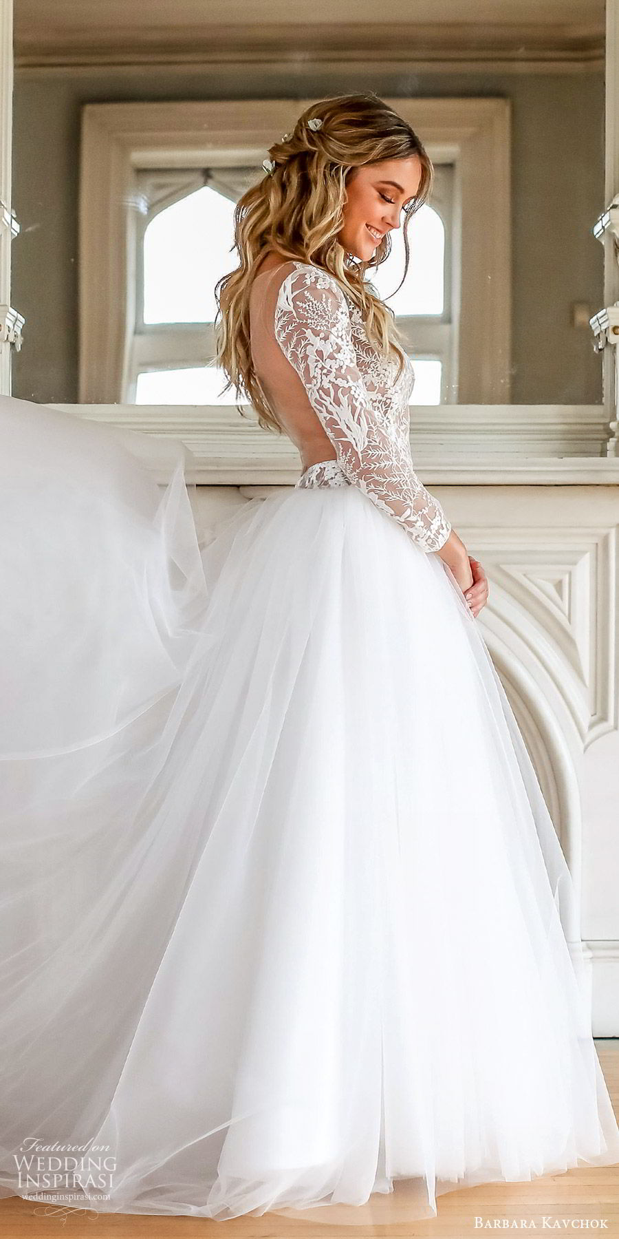 barbara kavchok fall 2019 bridal illusion long sleeves sheer lace bodice a line ball gown wedding dress (13) zsv open back chapel train classic romantic