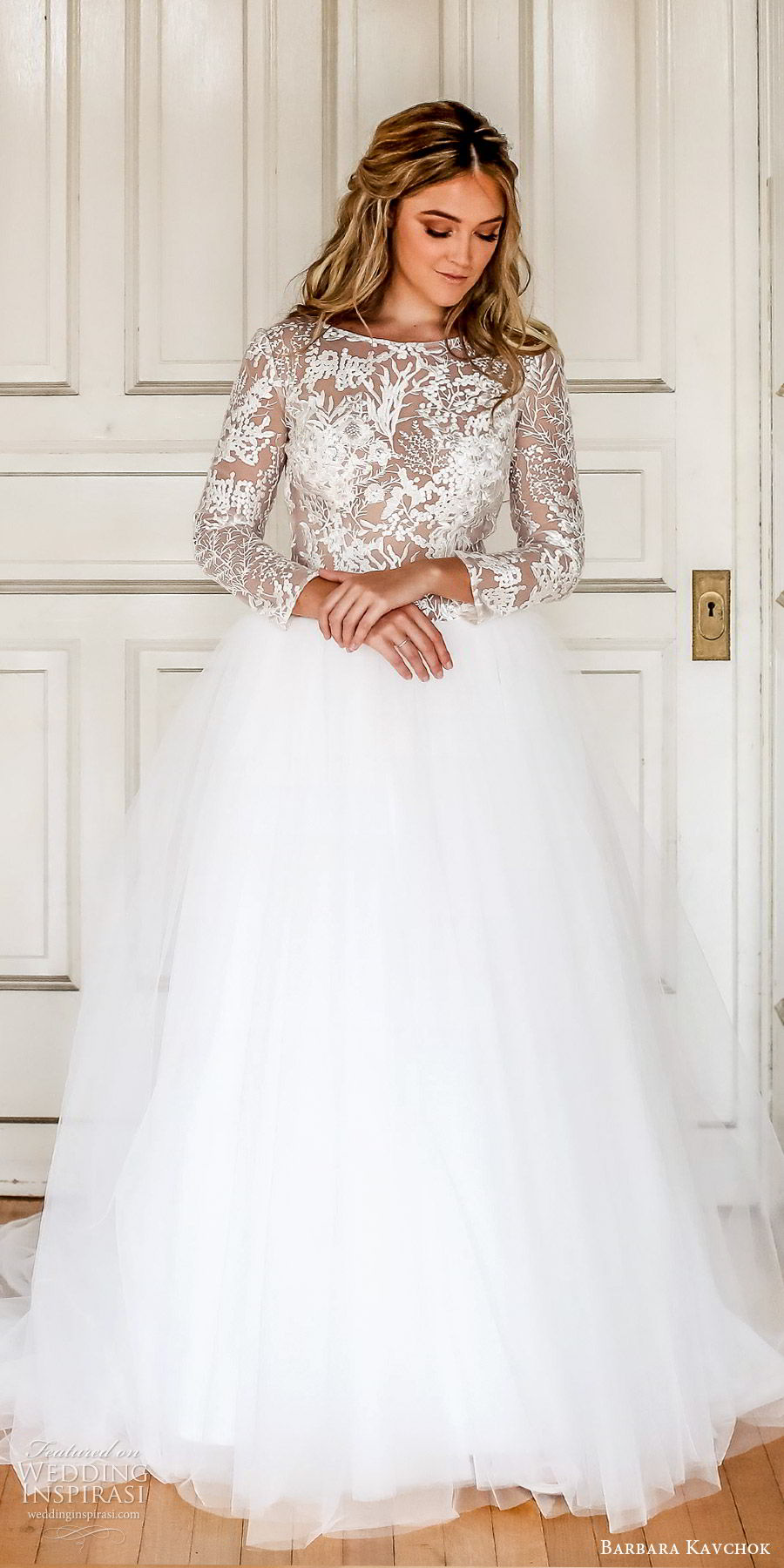 barbara kavchok fall 2019 bridal illusion long sleeves sheer lace bodice a line ball gown wedding dress (13) zv open back chapel train classic romantic