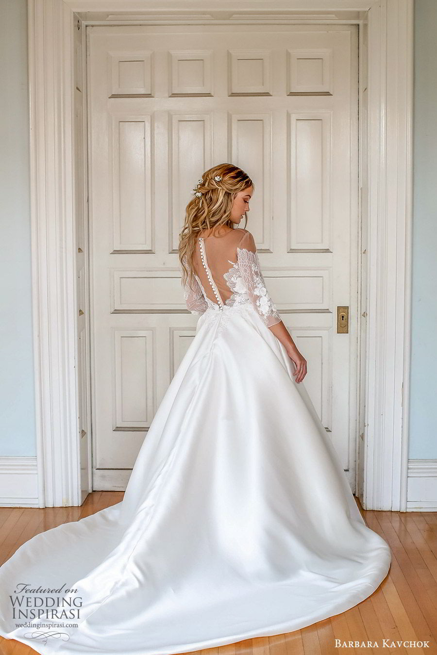 barbara kavchok fall 2019 bridal off shoulder 3 quarter sleeves sweetheart neckline illusion jewel embellished bodice a line ball gown (6) bv illusion back chapel train elegant classic romantic