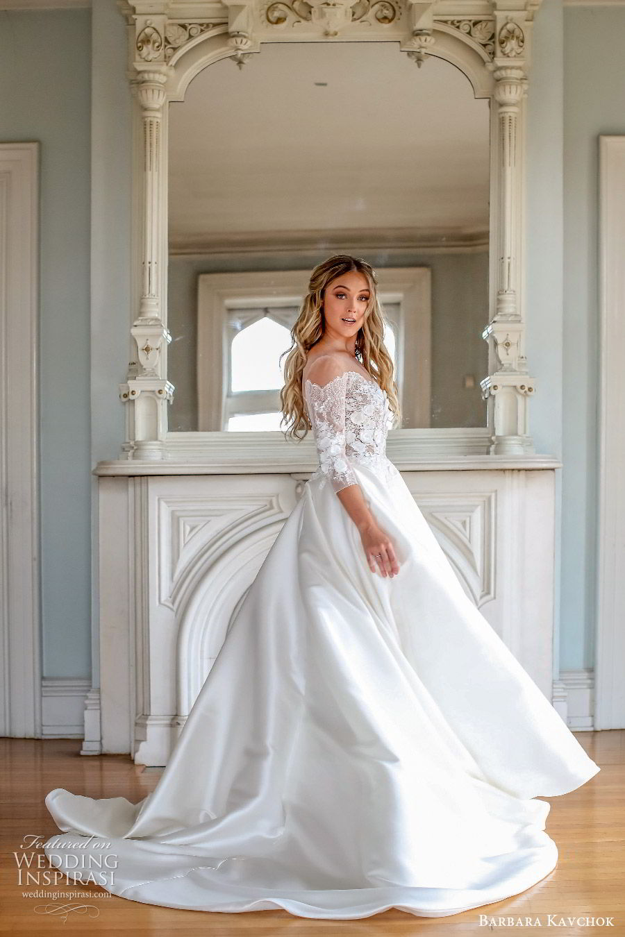 barbara kavchok fall 2019 bridal off shoulder 3 quarter sleeves sweetheart neckline illusion jewel embellished bodice a line ball gown (6) mv chapel train elegant classic romantic