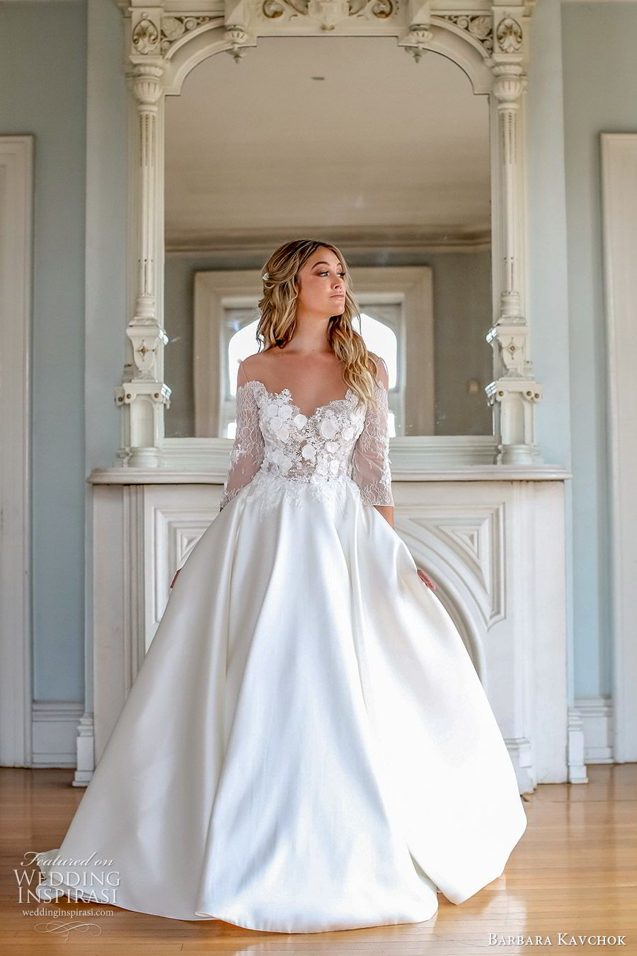 barbara kavchok fall 2019 bridal off shoulder 3 quarter sleeves sweetheart neckline illusion jewel embellished bodice a line ball gown (6) mv  chapel train elegant classic romantic