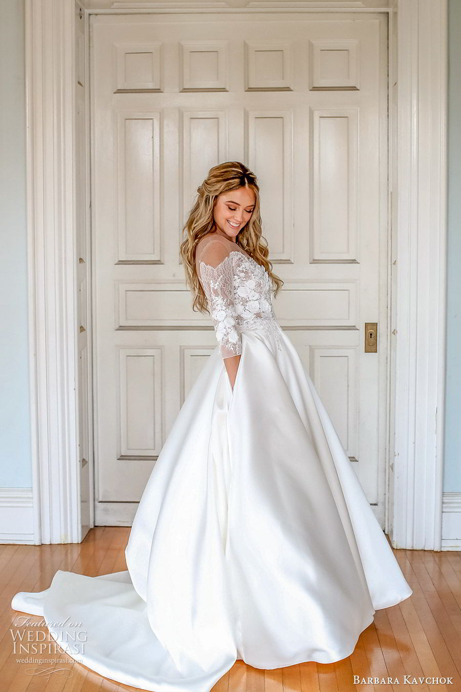 barbara kavchok fall 2019 bridal off shoulder 3 quarter sleeves sweetheart neckline illusion jewel embellished bodice a line ball gown (6) sv  pockets chapel train elegant classic romantic