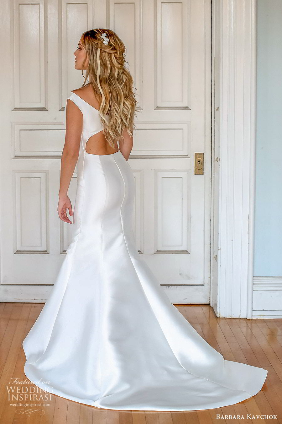 barbara kavchok fall 2019 bridal off shoulder cap sleeves scoop neck illusion cutout fit flare wedding dress (5) bv cutout back chapel train classic minimal clean