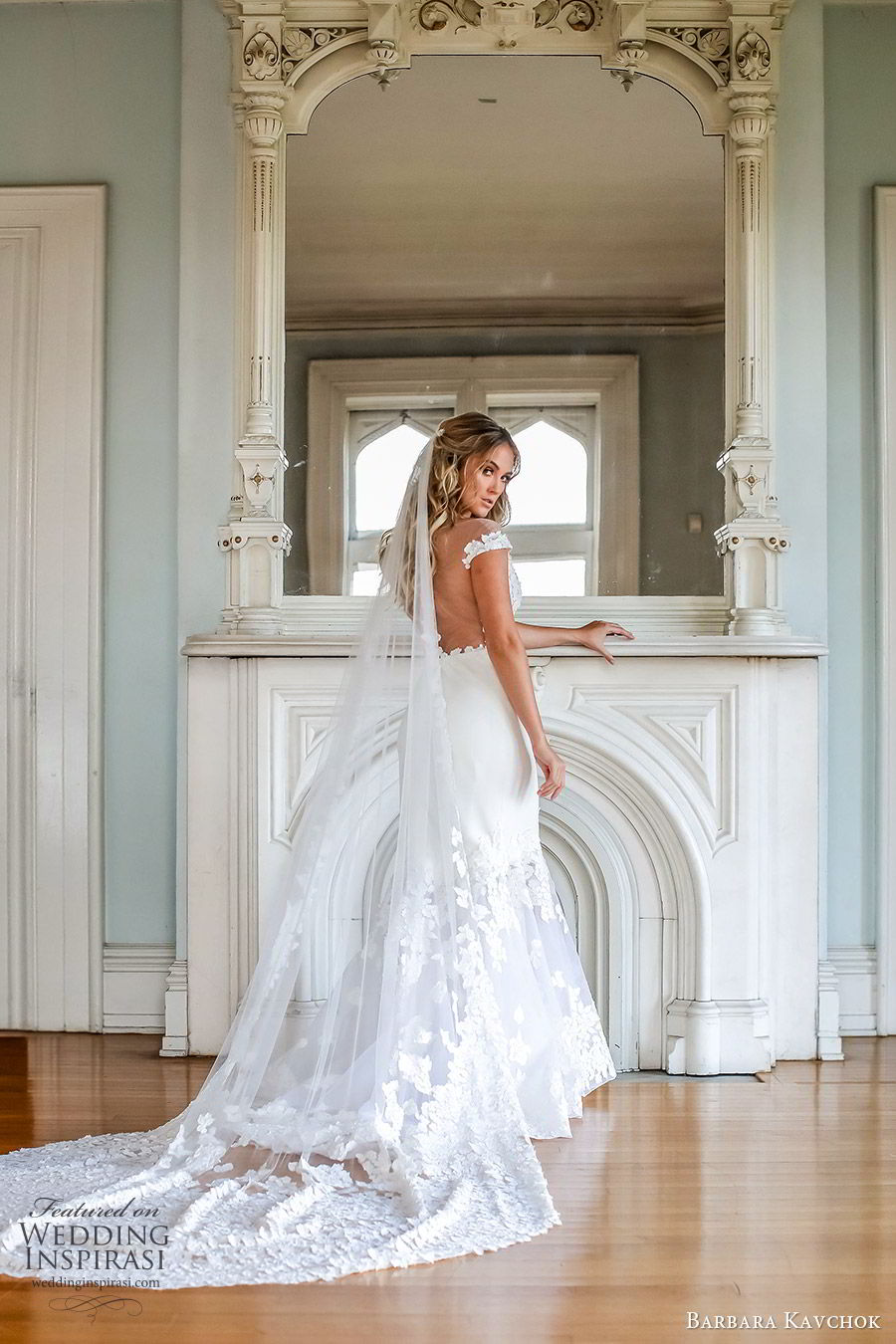 barbara kavchok fall 2019 bridal off shoulder illusion bateau embellished bodice sheer cutout fit flare mermaid wedding dress (11) bv sheer back chapel train veil romantic elegant