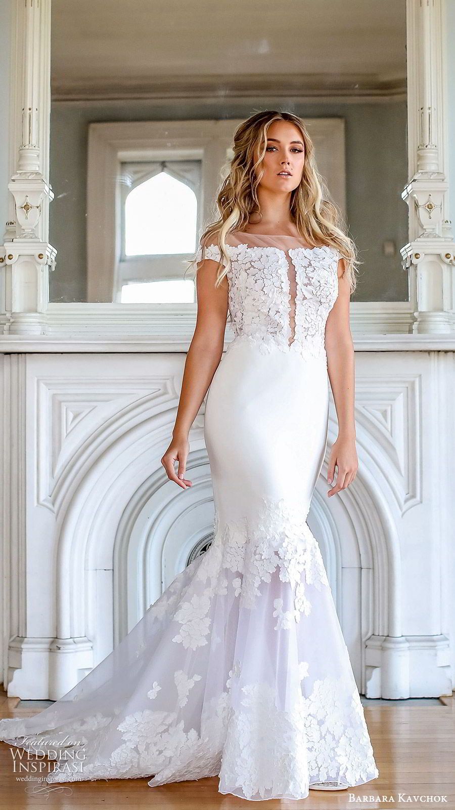 barbara kavchok fall 2019 bridal off shoulder illusion bateau embellished bodice sheer cutout fit flare mermaid wedding dress (11) mv  chapel train elegant