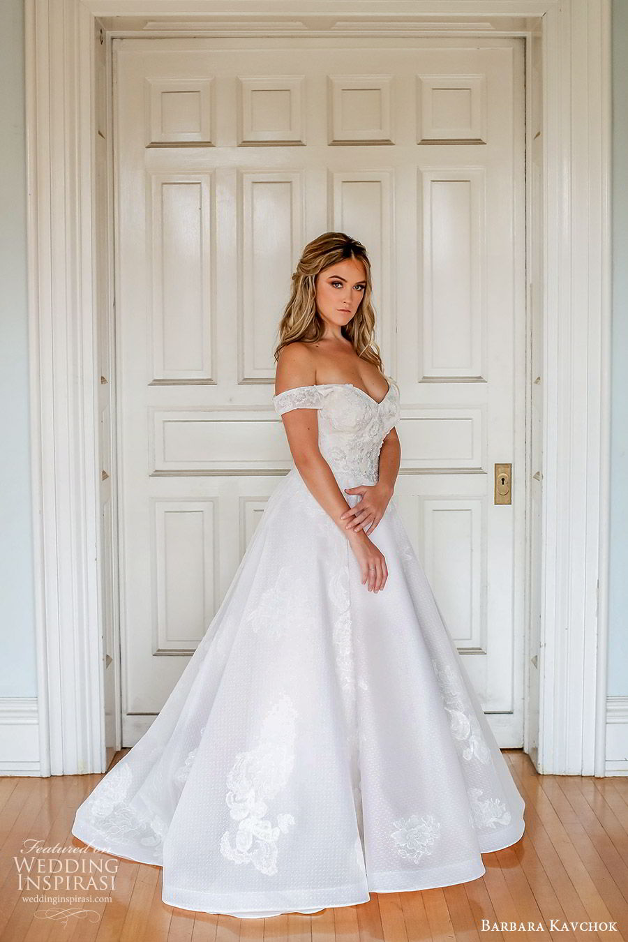 barbara kavchok fall 2019 bridal off shoulder sweetheart embellished lace a line ball gown wedding dress (4) mv scoop back chapel train elegant princess romantic