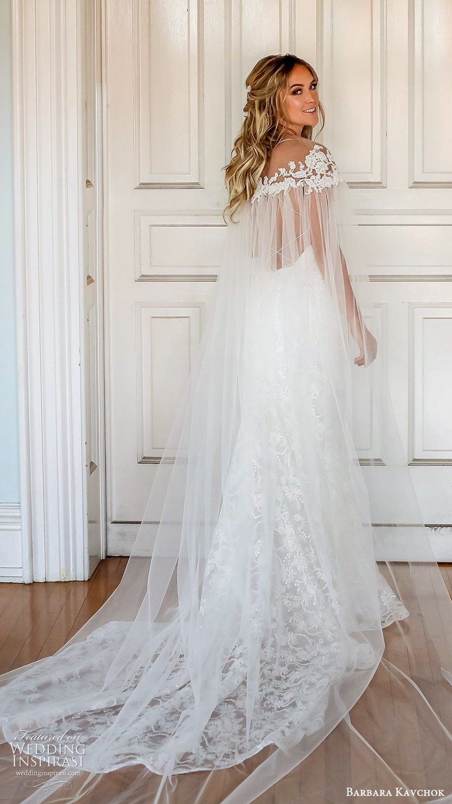 barbara kavchok fall 2019 bridal sleeveless thin straps sweetheart neckline lace sheath wedding dress (9) bv sheer cape low back boho elegant romantic