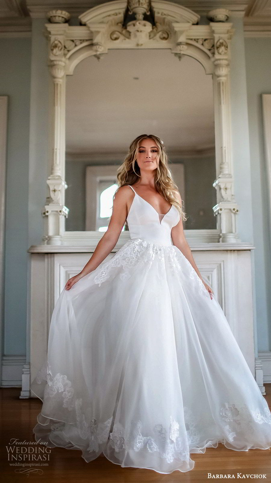 barbara kavchok fall 2019 bridal sleeveless thin straps sweetheart neckline sheath wedding dress (3) mv embellished skirt ball gown overskirt chapel train romantic elegant