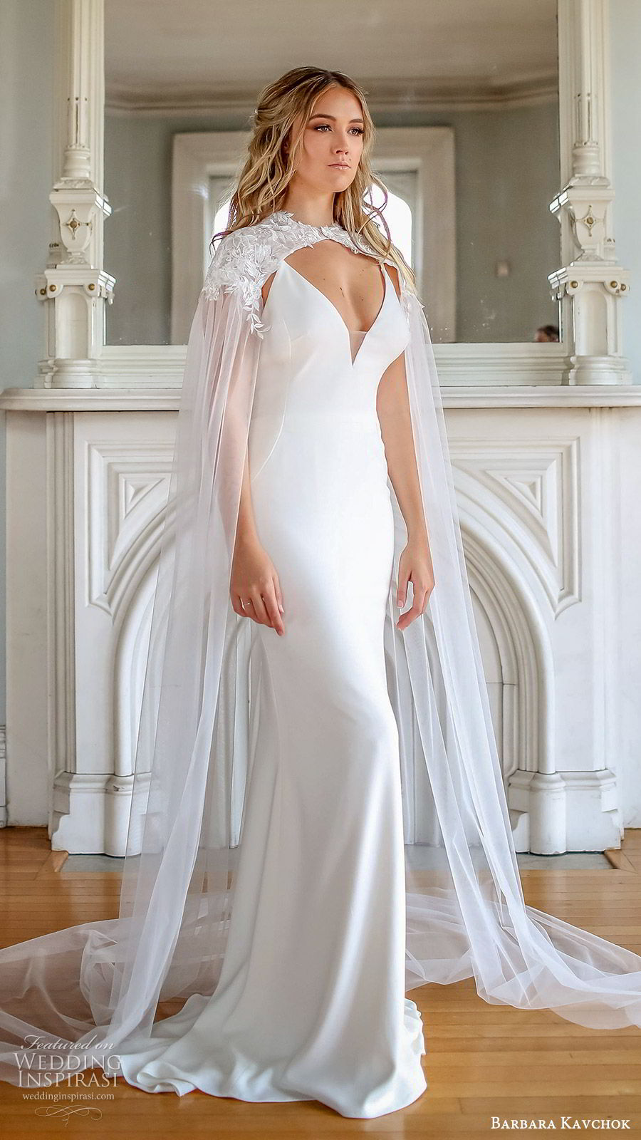 barbara kavchok fall 2019 bridal sleeveless thin straps sweetheart neckline sheath wedding dress (3) mv sheer cape illusion cutout back chapel train minimal chic modern romantic