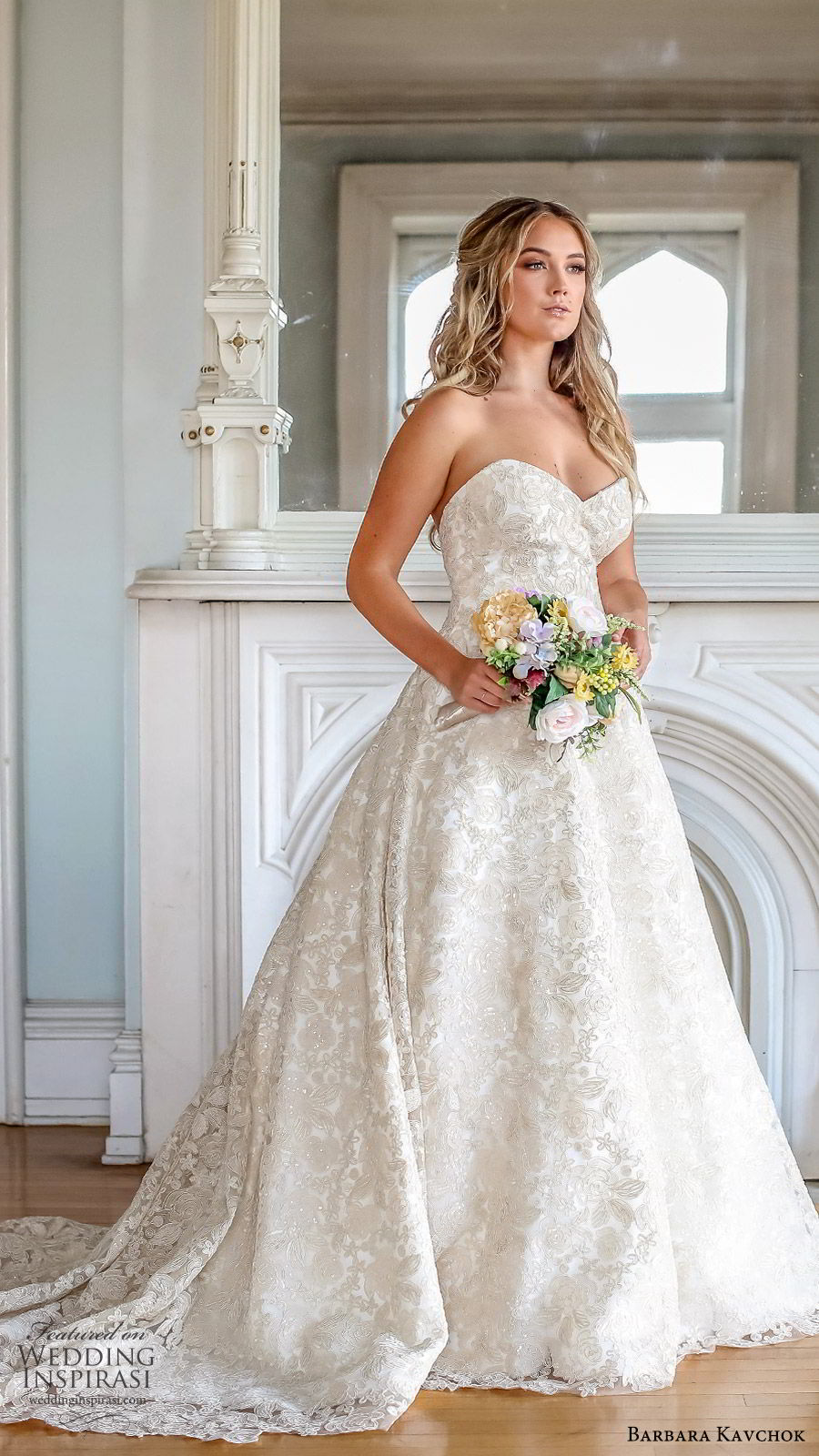 barbara kavchok fall 2019 bridal strapless sweetheart embellished lace ball gown wedding dress (12) zv chapel train glitzy romantic elegant