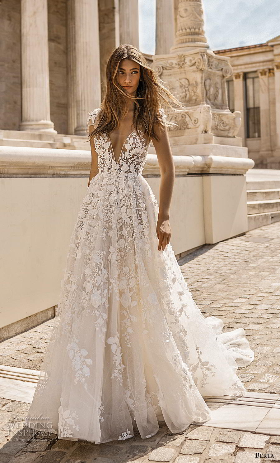 berta fall 2019 bridal cap sleeves deep v neck full embellishment romantic a  line wedding dress backless scoop back chapel train (2) mv