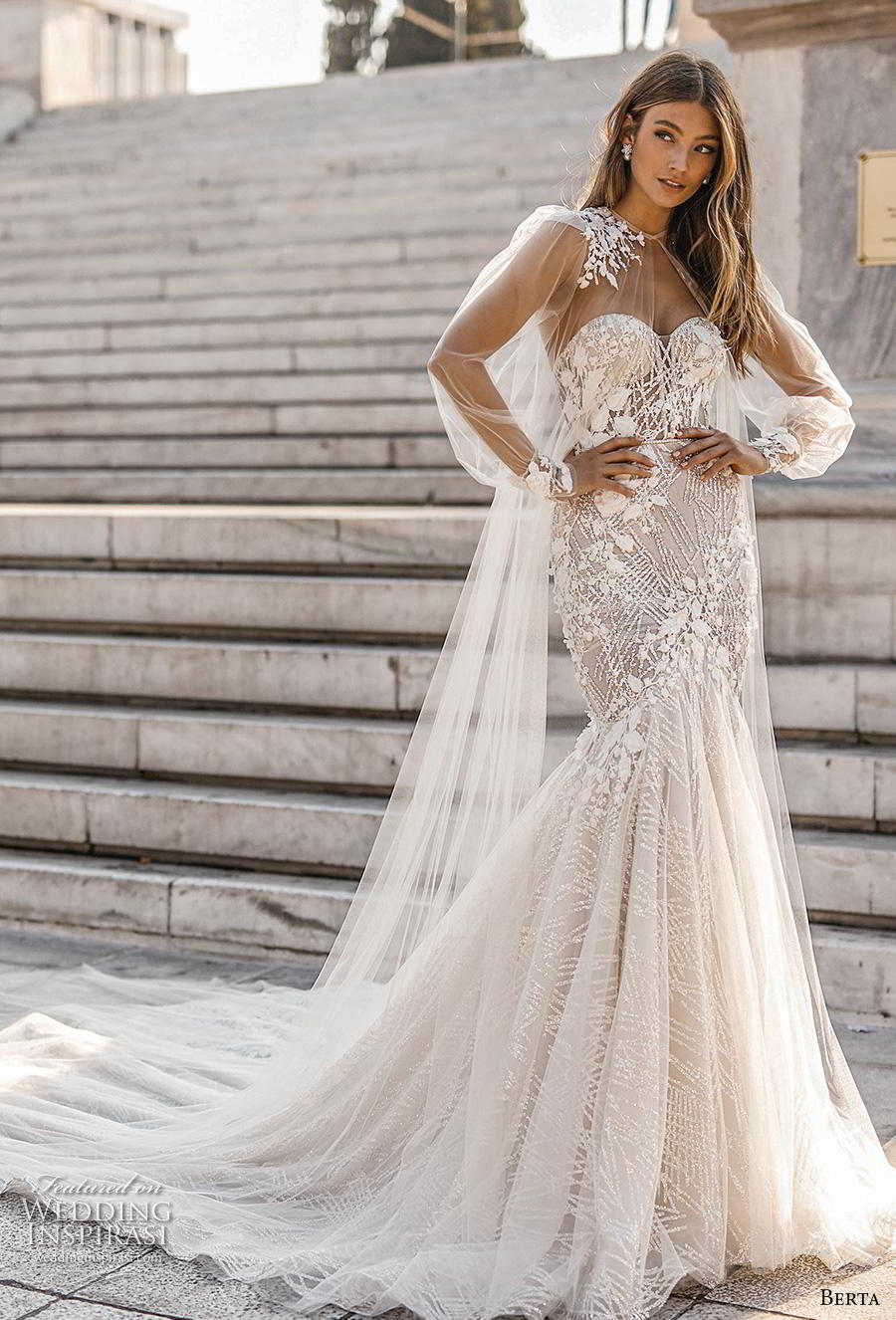 berta fall 2019 bridal long bishop sleeves illusion jewel sweetheart neckline full embellishment elegant glamorous mermaid wedding dress chapel train (10) mv