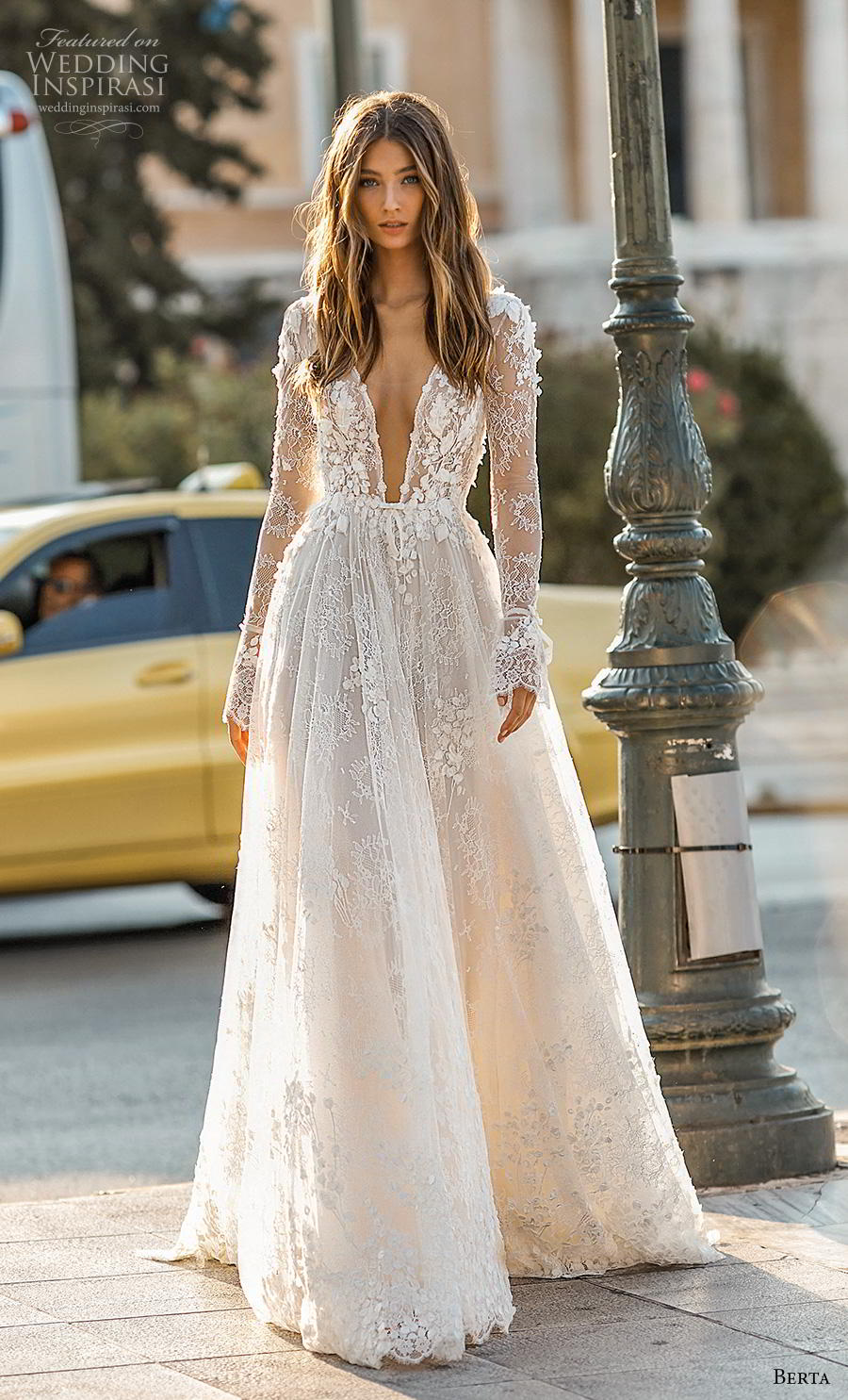 berta fall 2019 bridal long poet sleeves deep v neck full embellishment sexy romantic a  line wedding dress backless v back sweep train (1) mv