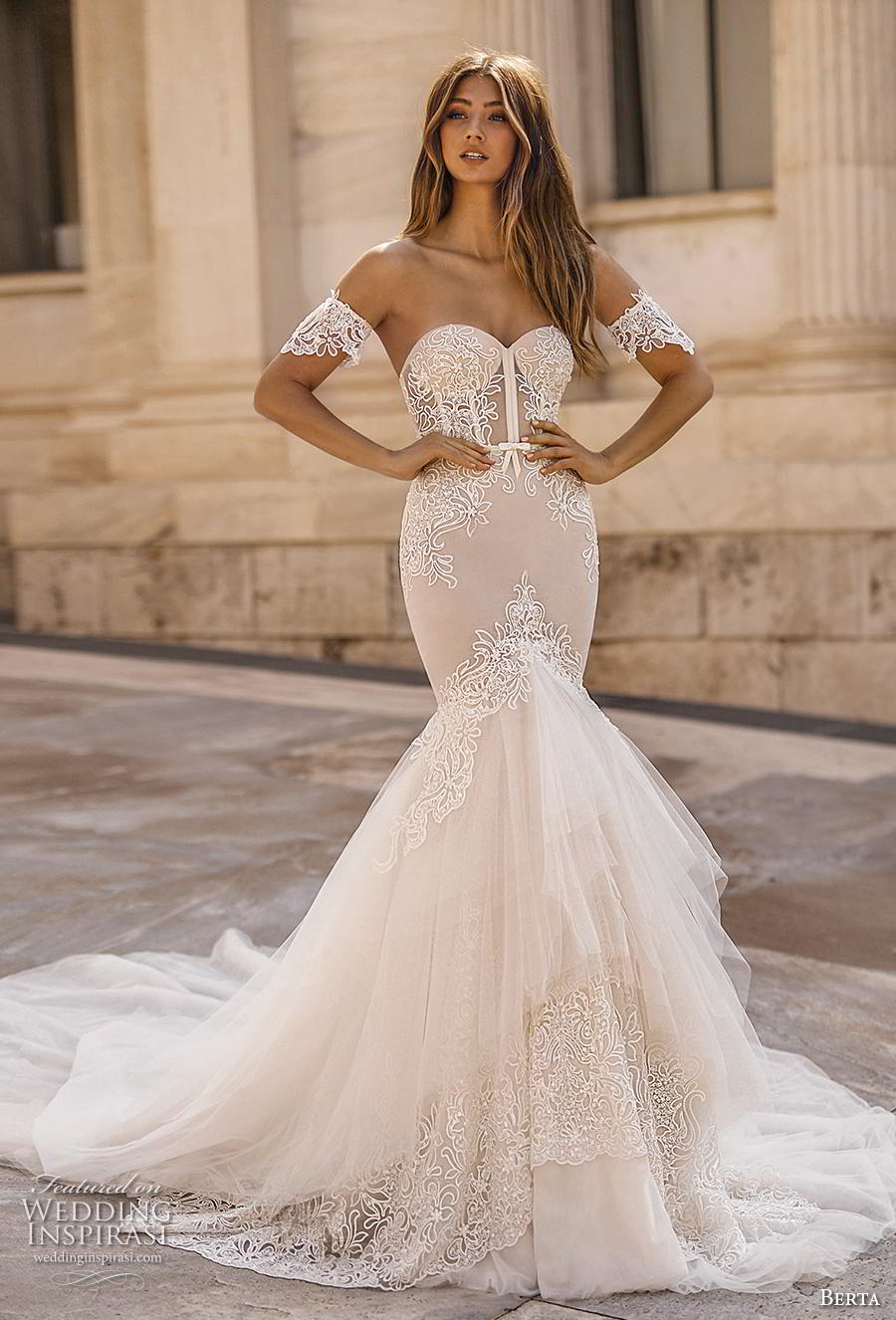 berta fall 2019 bridal off the shoulder sweetheart neckline heavily embellished bodice bustier elegant sexy mermaid wedding dress chapel train (4) mv