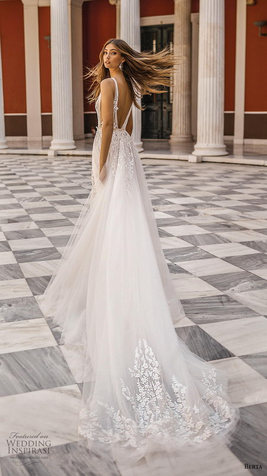 berta fall 2019 bridal sleeveless deep v neck full embellishment romantic sheath wedding dress a  line overskirt backless v back chapel train (15) bv