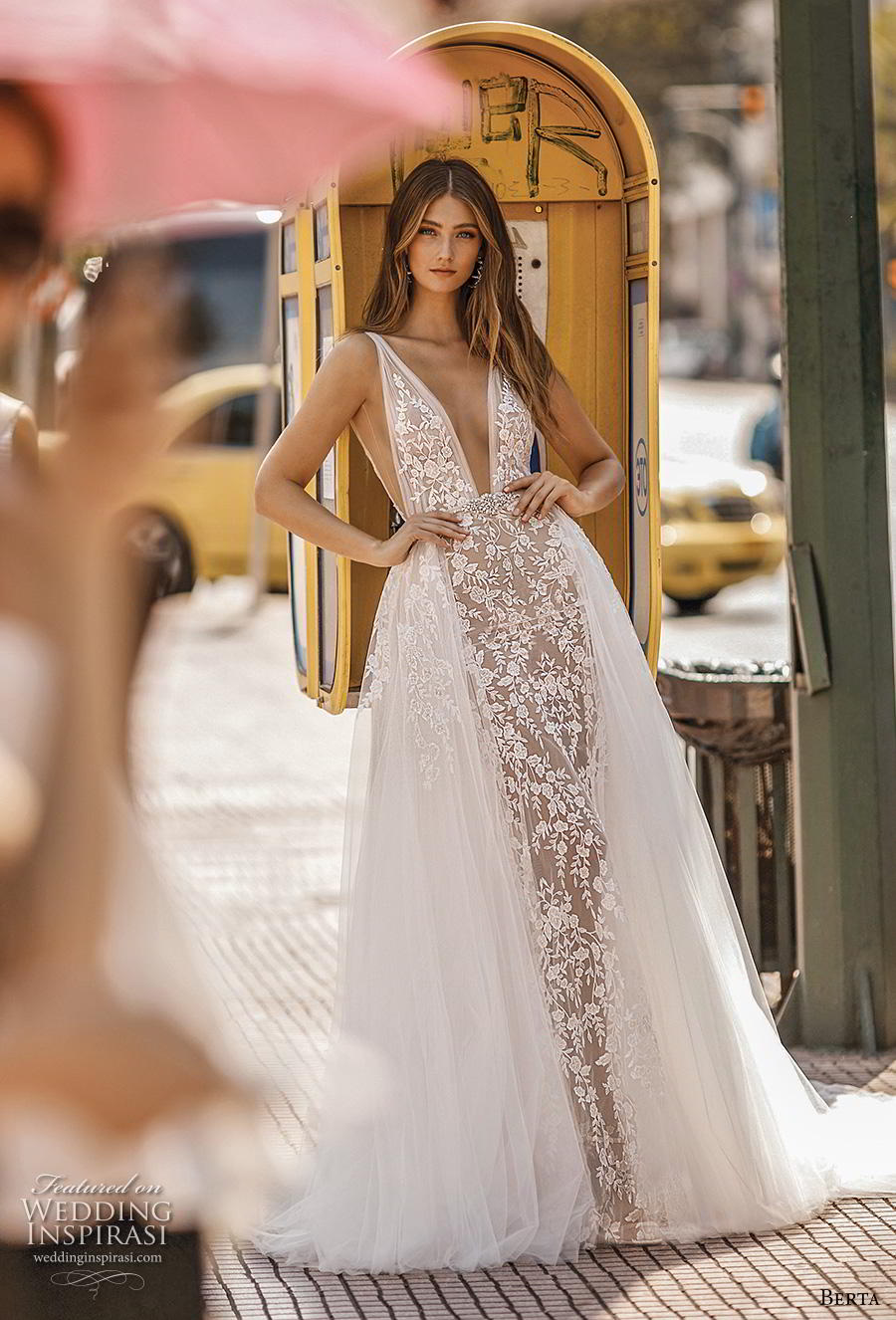 berta fall 2019 bridal sleeveless deep v neck full embellishment romantic sheath wedding dress a  line overskirt backless v back chapel train (15) mv