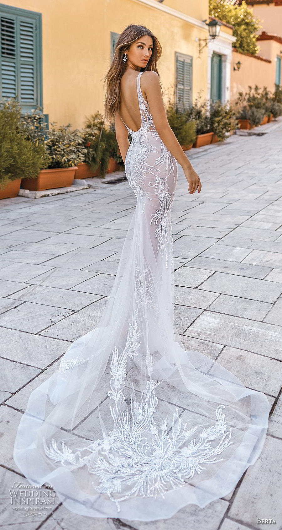 berta fall 2019 bridal sleeveless deep v neck heavily embellished bodice elegant glamorous fit and flare wedding dress open scoop back chapel train (17) bv