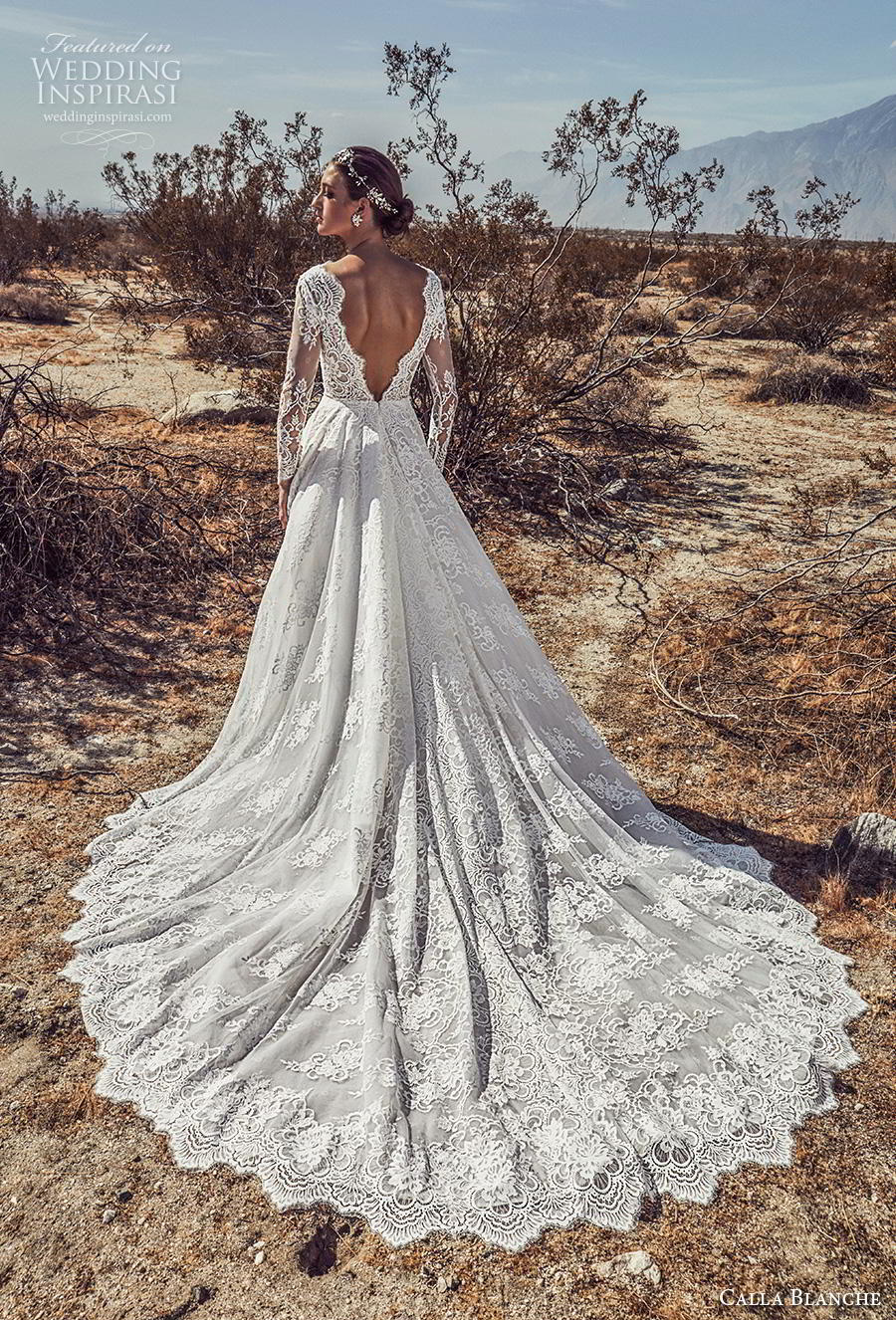 calla blanche spring 2019 bridal long sleeves v neck heavily embellished bodice romantic princess a  line wedding dress open v back chapel train (6) bv