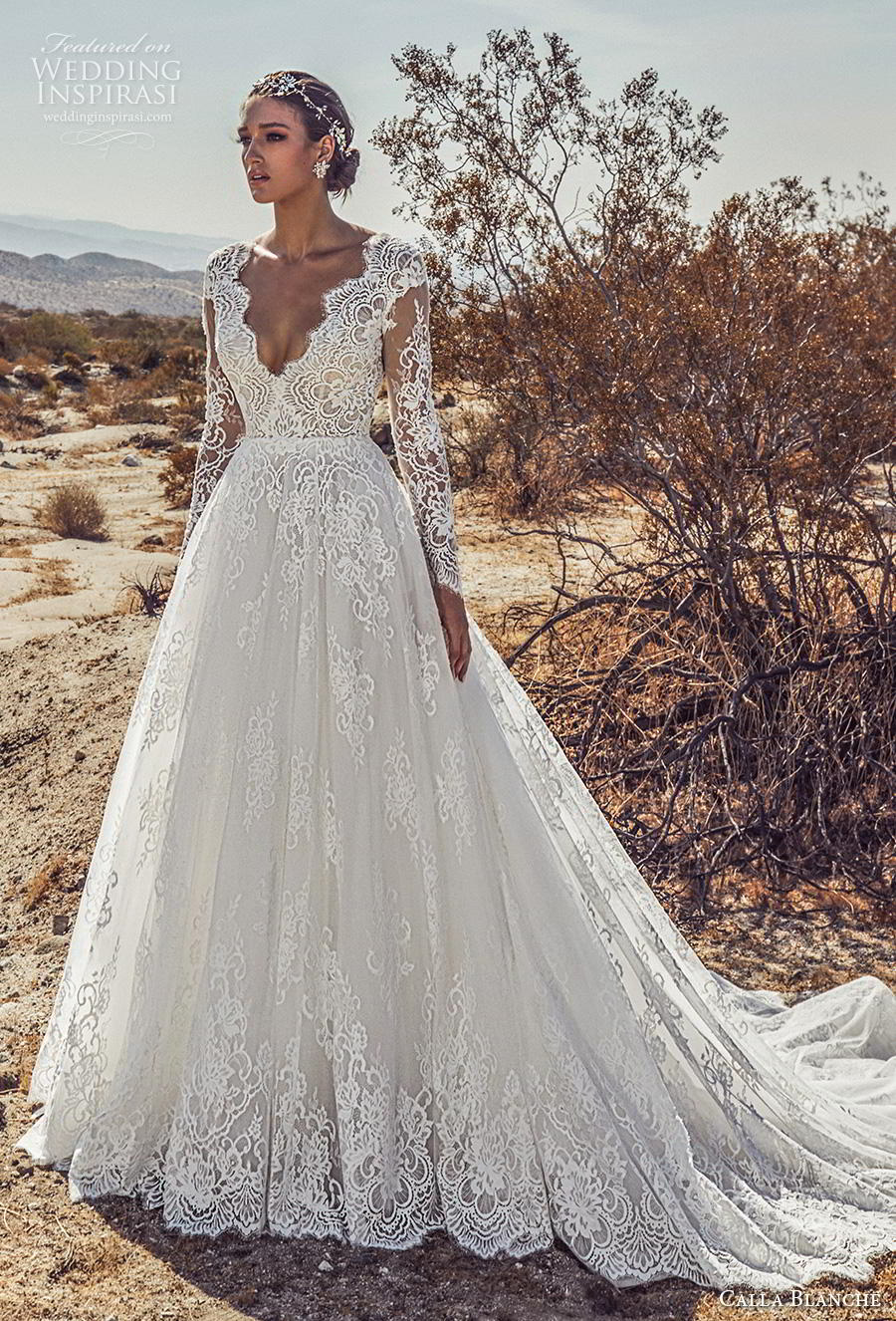 calla blanche spring 2019 bridal long sleeves v neck heavily embellished bodice romantic princess a  line wedding dress open v back chapel train (6) mv