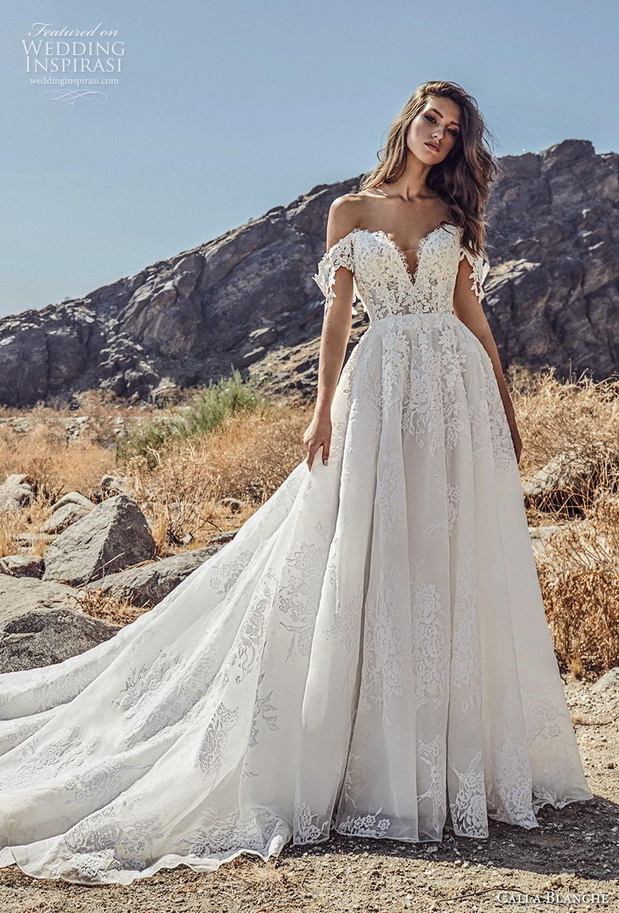 calla blanche spring 2019 bridal off the shoulder deep sweetheart neckline heavily embellished bodice romantic princess a  line wedding dress mid back chapel train (1) mv