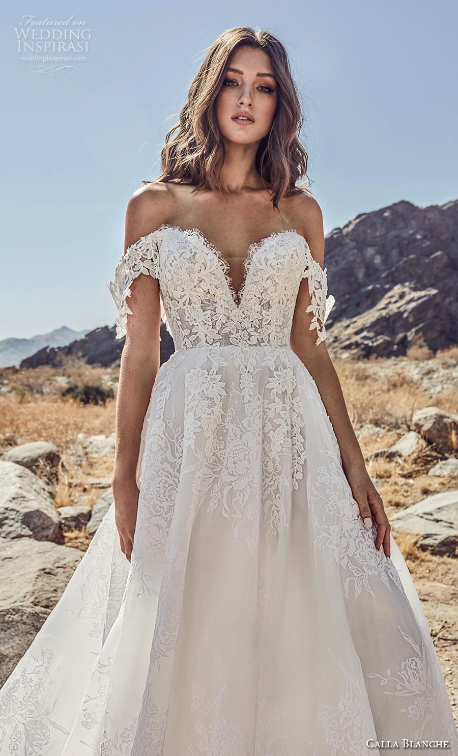 calla blanche spring 2019 bridal off the shoulder deep sweetheart neckline heavily embellished bodice romantic princess a  line wedding dress mid back chapel train (1) zv