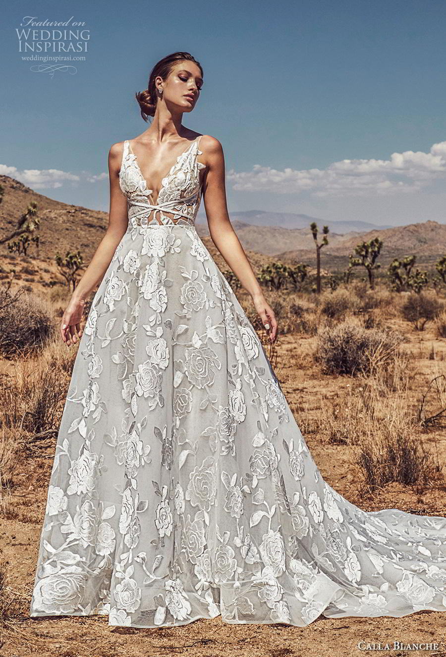 calla blanche spring 2019 bridal sleeveless deep v neck full embellishment romantic a  line wedding dress backless chapel train (8) mv