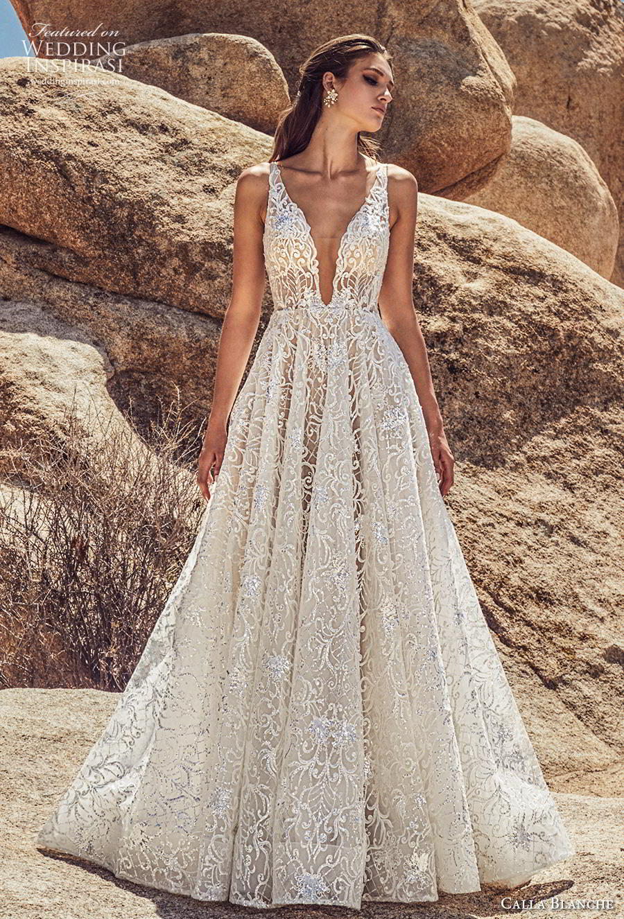 calla blanche spring 2019 bridal sleeveless deep v neck full embellishment romantic a  line wedding dress backless open back chapel train (16) mv