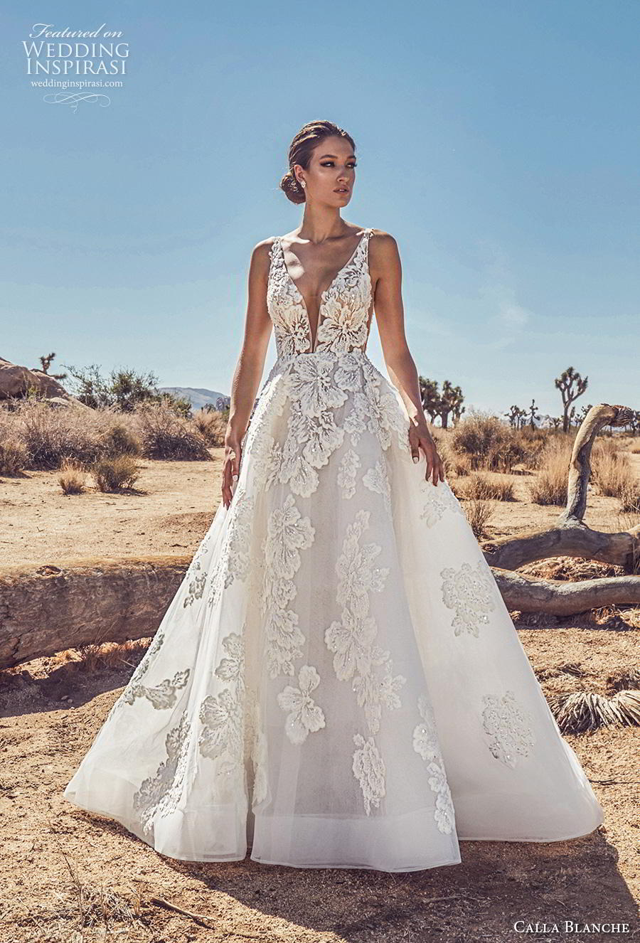 calla blanche spring 2019 bridal sleeveless deep v neck heavily embellished bodice romantic a  line wedding dress a  line wedding dress backless v back chapel train (14) mv