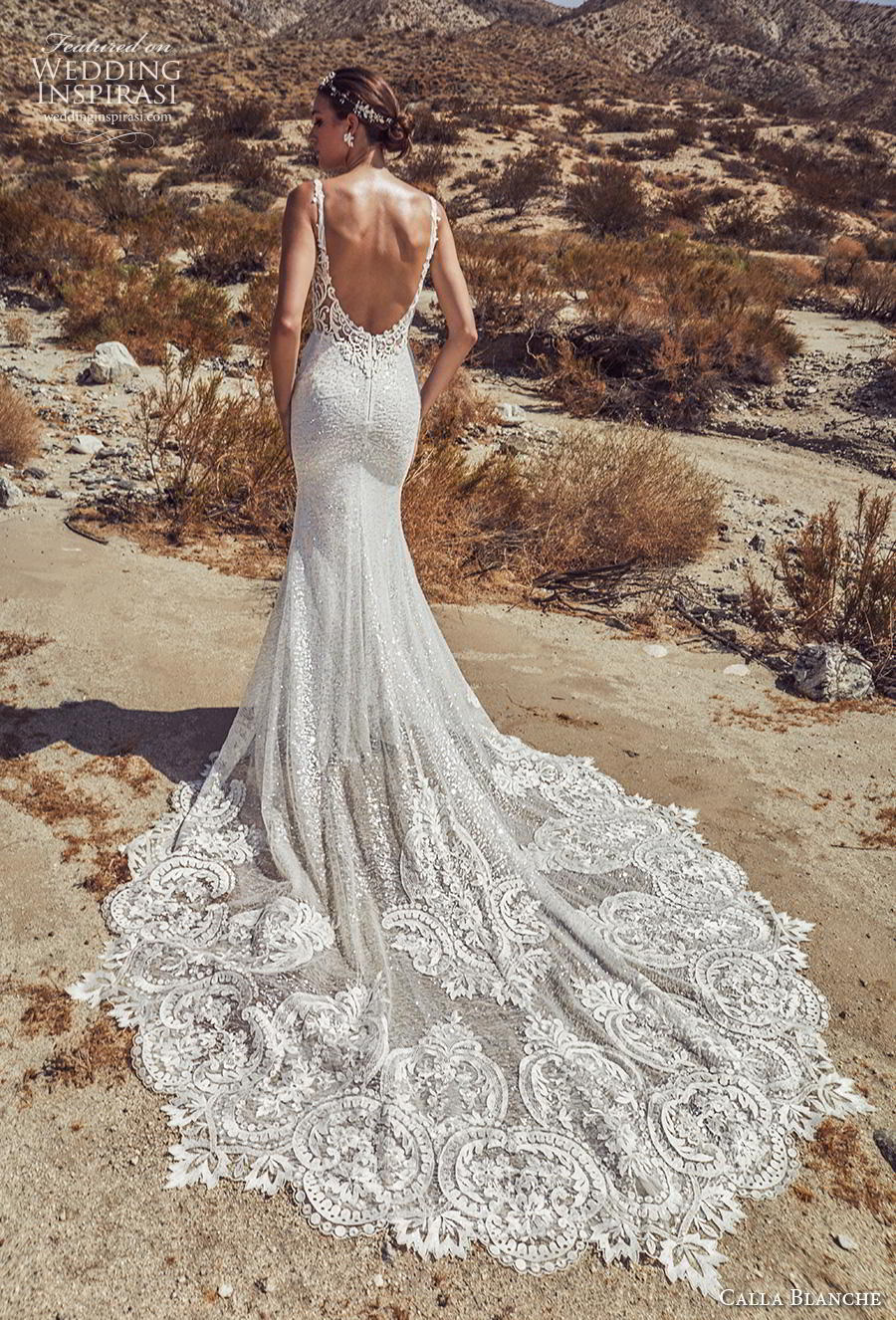 calla blanche spring 2019 bridal sleeveless deep v plunging neck heavily embellished bodice hem glitzy elegant fit and flare wedding dress backless scoop back chapel train (19) bv