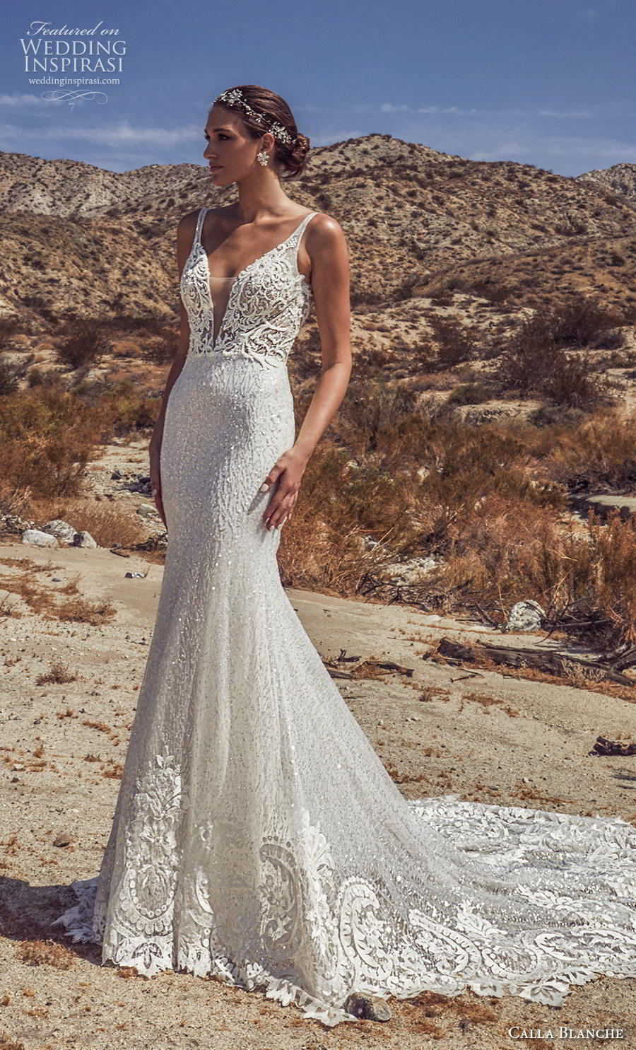 calla blanche spring 2019 bridal sleeveless deep v plunging neck heavily embellished bodice hem glitzy elegant fit and flare wedding dress backless scoop back chapel train (19) mv