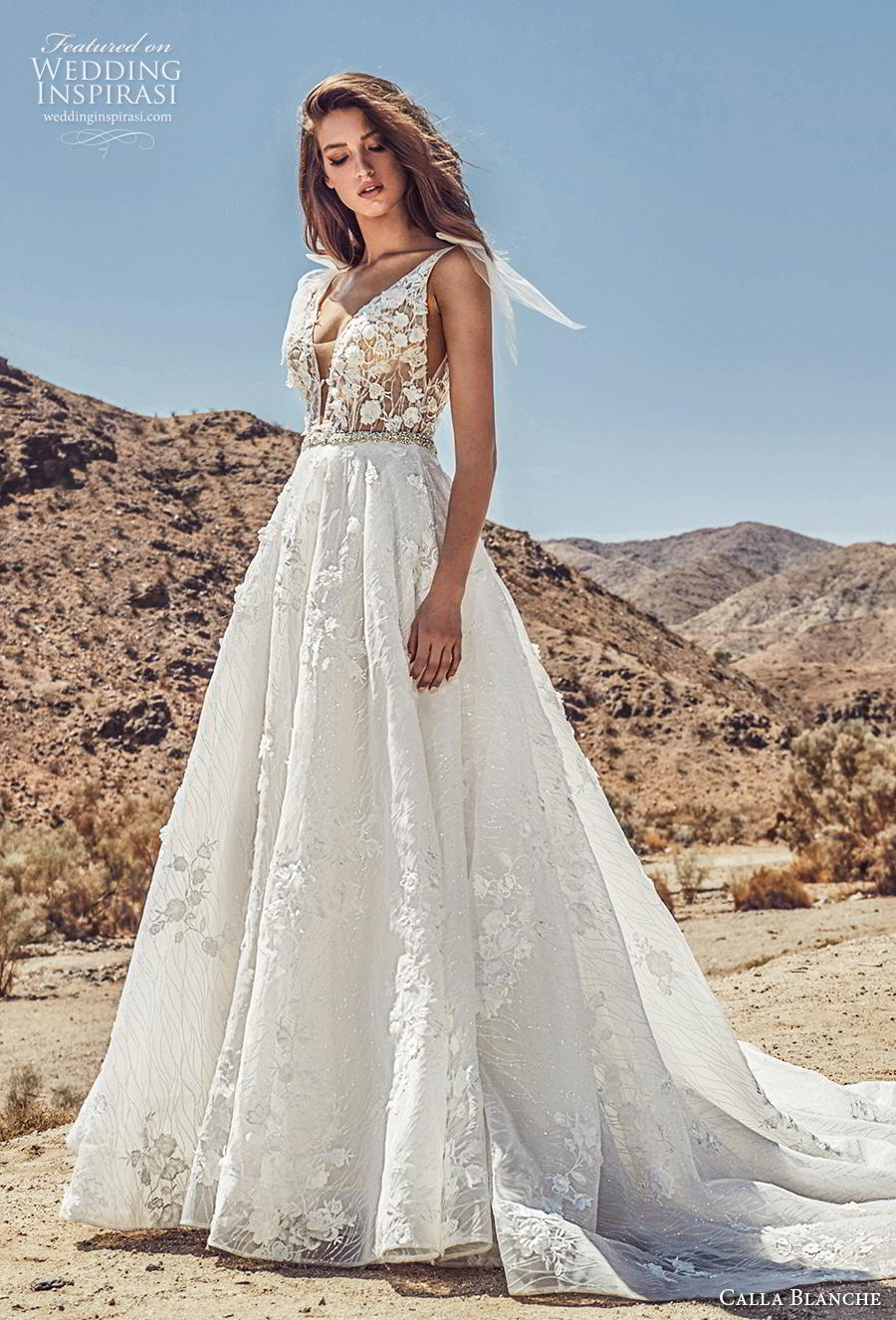 calla blanche spring 2019 bridal sleeveless with ribbon strap deep v neck heavily embellished bodice romantic a  line wedding dress backless v back chapel train (10) mv