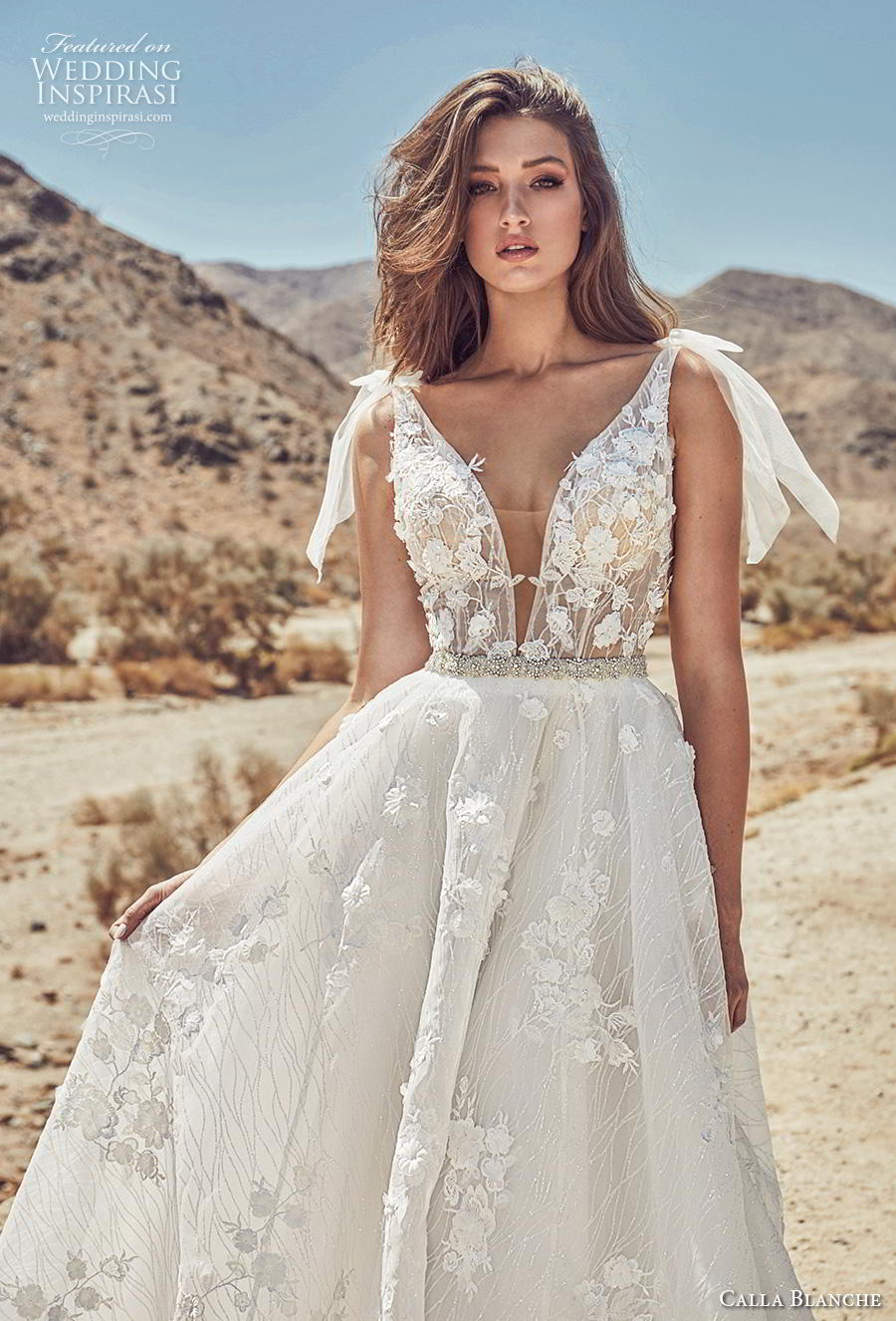 calla blanche spring 2019 bridal sleeveless with ribbon strap deep v neck heavily embellished bodice romantic a  line wedding dress backless v back chapel train (10) zv