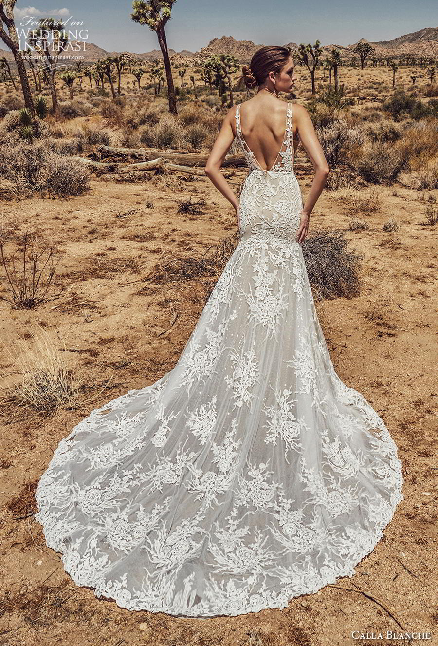 calla blanche spring 2019 bridal sleeveless with strap deep v neck full embellishment elegant fit and flare sheath wedding dress backless scoop back chapel train (13) bv