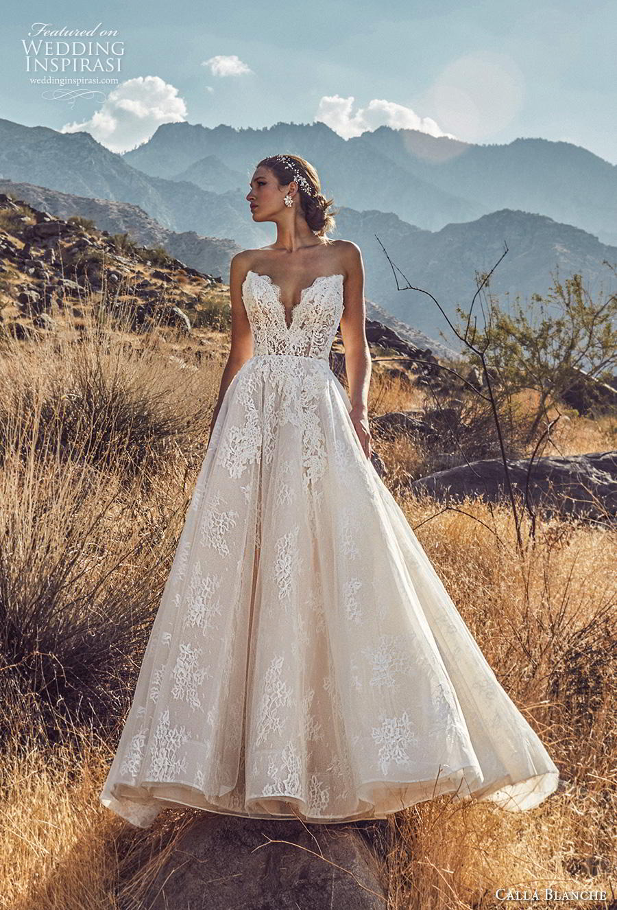 calla blanche spring 2019 bridal strapless deep v neck heavily embellished bodice romantic a  line wedding dress mid back chapel train (20) mv