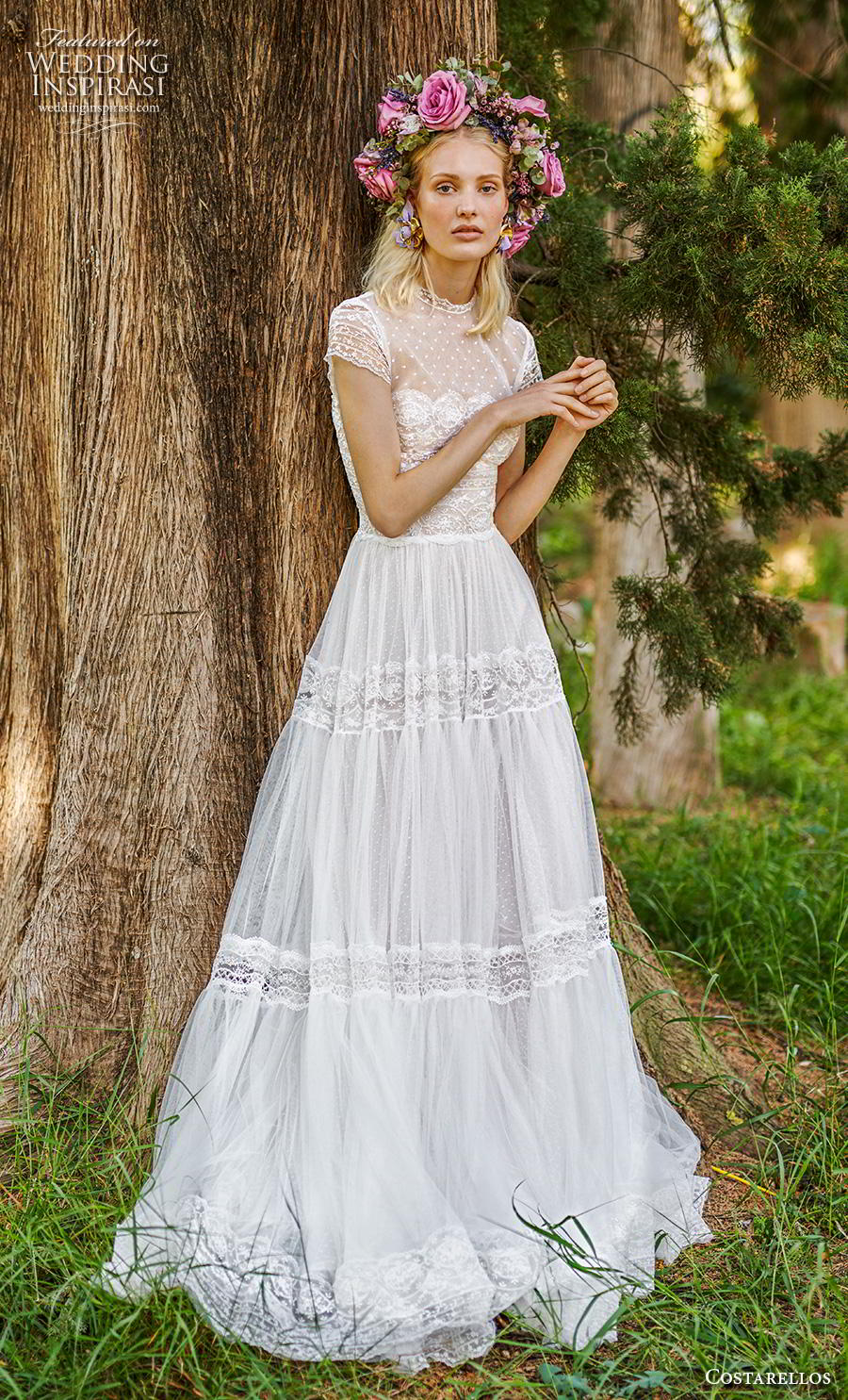 costarellos spring 2019 bridal cap sleeves illusion jewel heavily embellished bodice romantic bohemian a  line wedding dress sweep train (2) mv