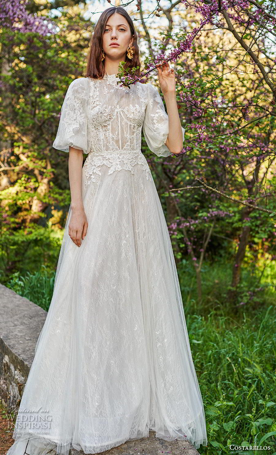 costarellos spring 2019 bridal half balloon sleeves jewel neck heavily embellished bodice vntage a  line wedding dress (19) mv