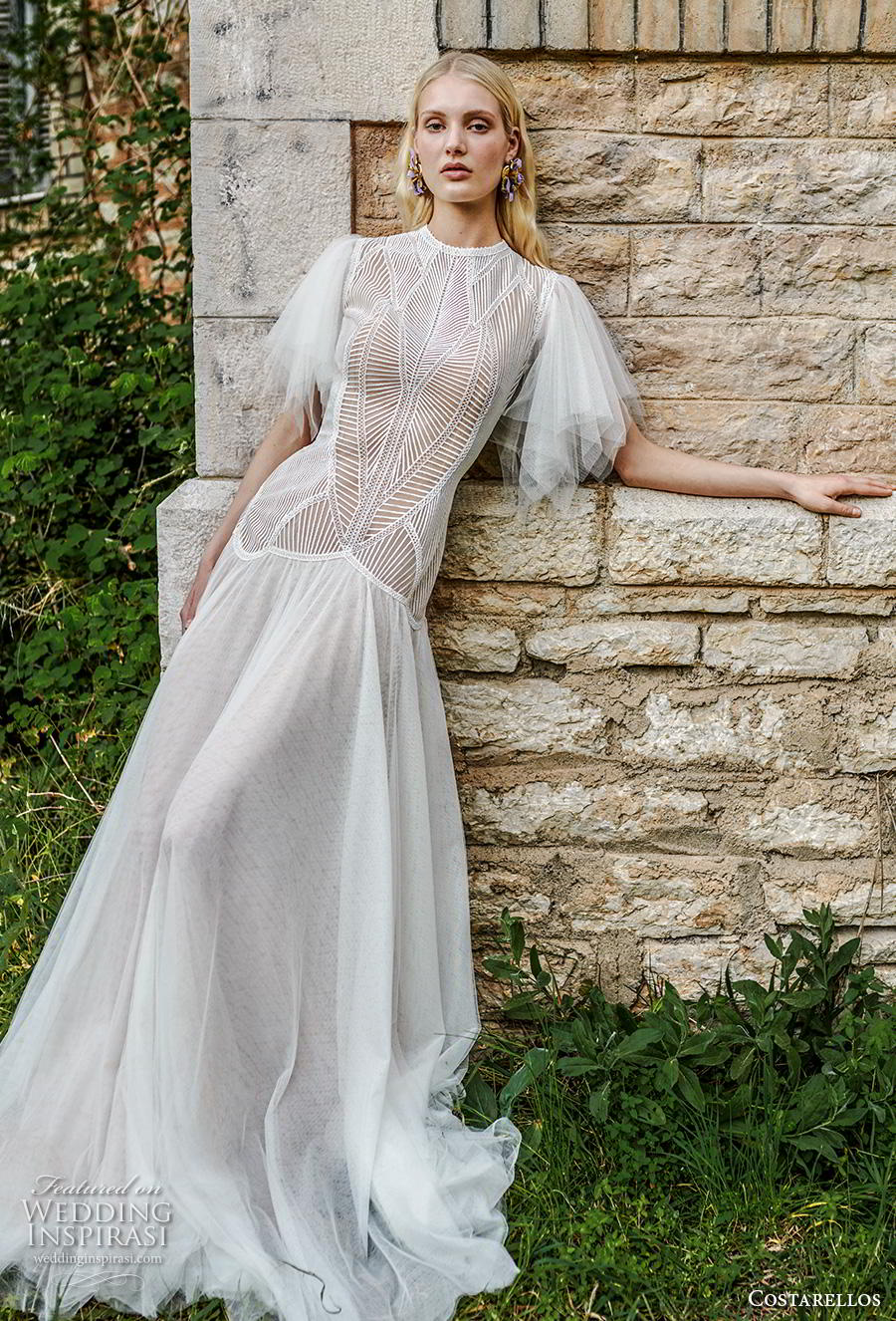 costarellos spring 2019 bridal half handkerchief sleeves jewel neck heavily embellished bodice modern drop waist a  line wedding dress (27) mv