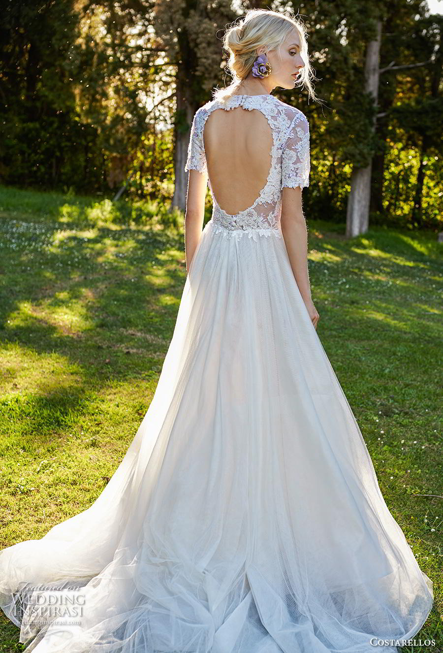 costarellos spring 2019 bridal half sleeves illusion jewel heavily embellished bodice romantic a  line wedding dress keyhole back chapel train (16) bv