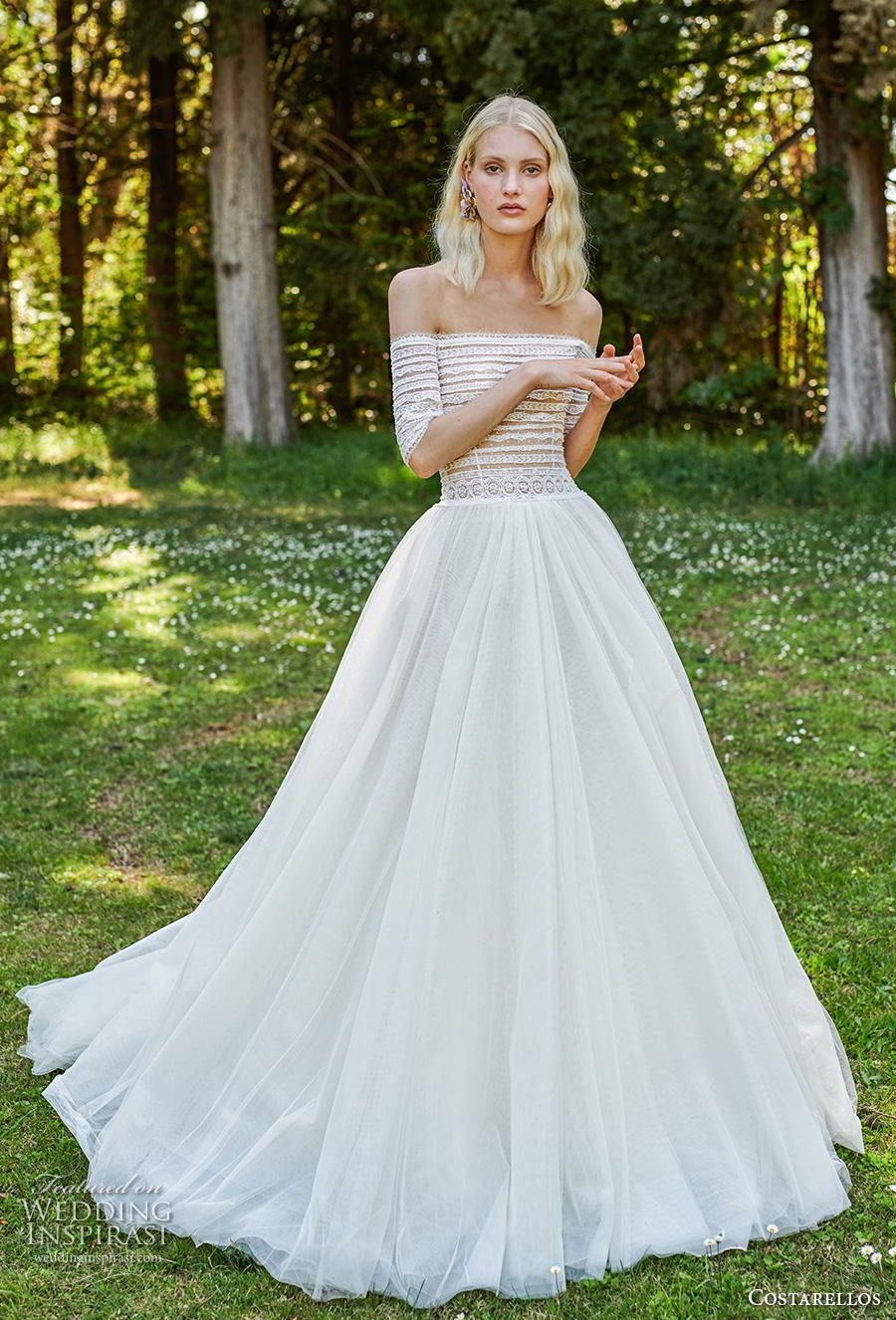 costarellos spring 2019 bridal half sleeves off the shoulder straight across neckline heavily embellished bodice romantic ball gown a  line wedding dress (14) mv
