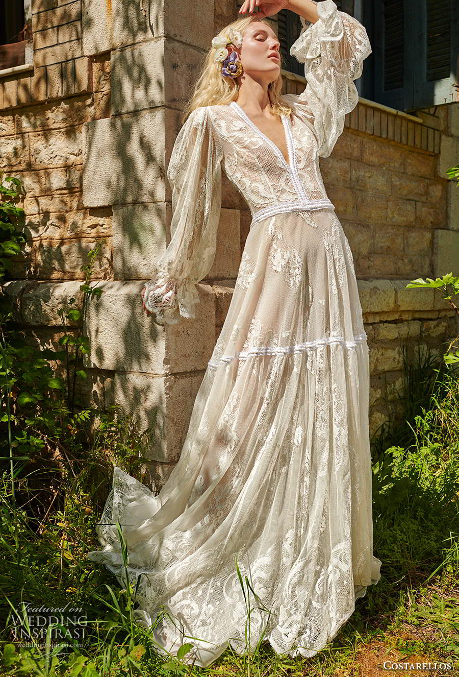 costarellos spring 2019 bridal long bishop sleeves dee v neck full embellishment romantic vintage a  line wedding dress (12) mv