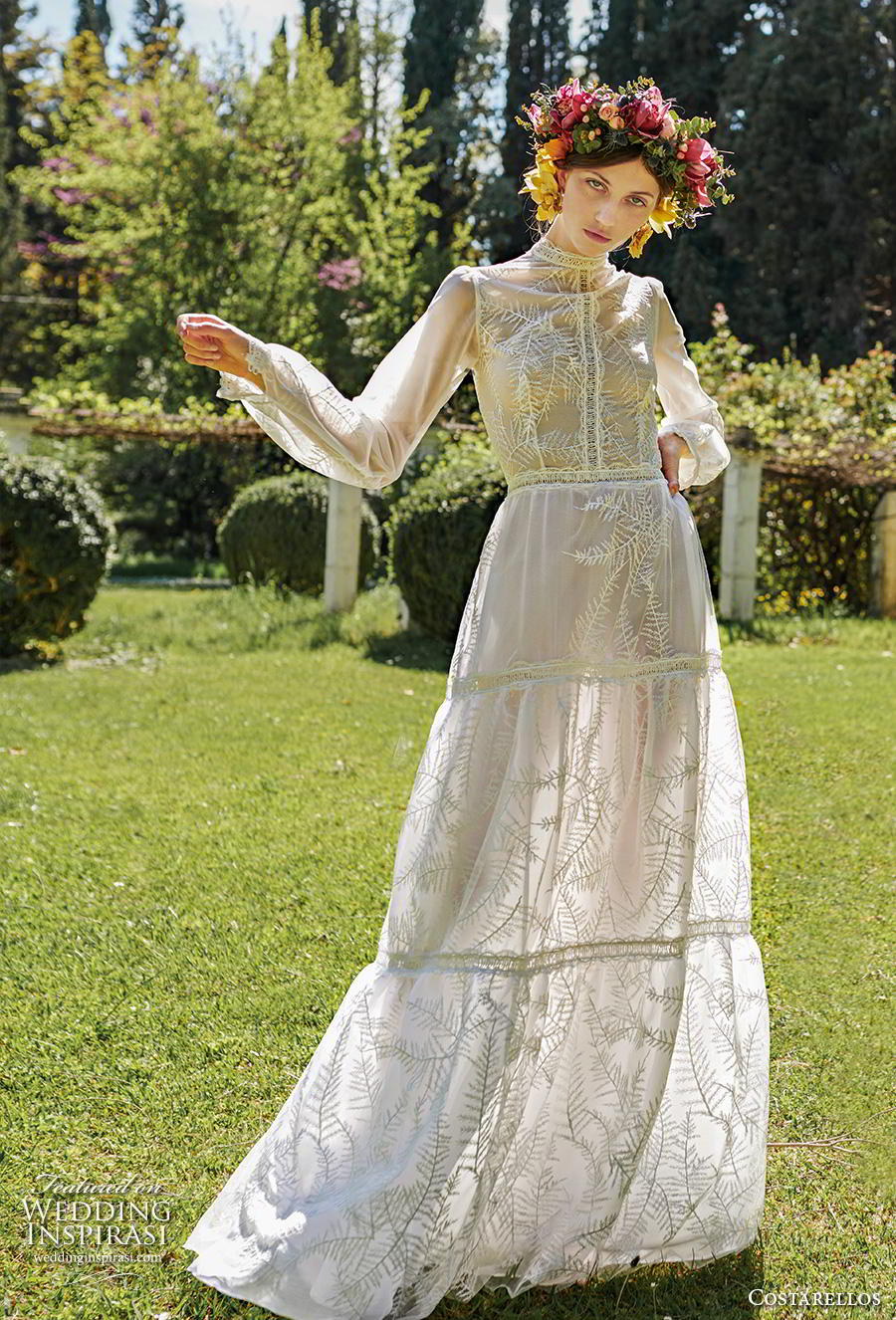 costarellos spring 2019 bridal long bishop sleeves high neck full embellishment modest bohemian a  line wedding dress sweep train (6) mv