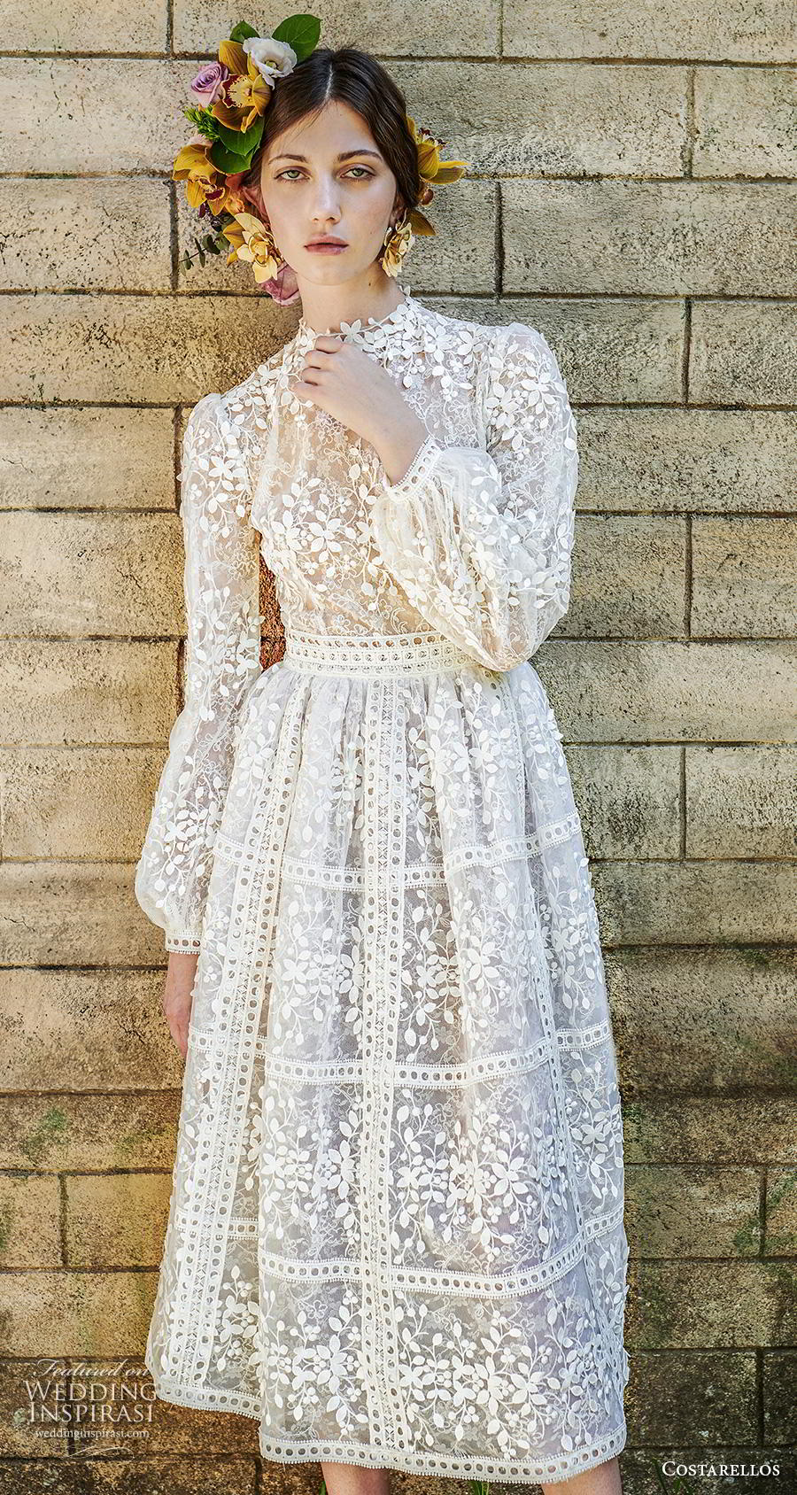 costarellos spring 2019 bridal long bishop sleeves jewel neck full embellishment bohemian vintage short wedding dress (28) mv