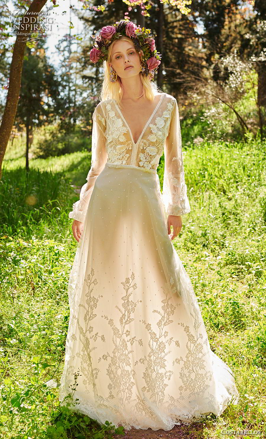 costarellos spring 2019 bridal long bishop sleeves v neck heavily embellished bodice hem romantic bohemian a  line wedding dress sweep train (1) mv
