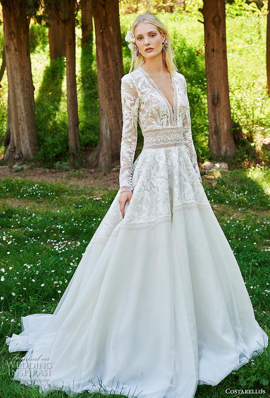 costarellos spring 2019 bridal long sleeves deep v neck heavily embellished bodice vintage romantic a  line wedding dress (13) mv