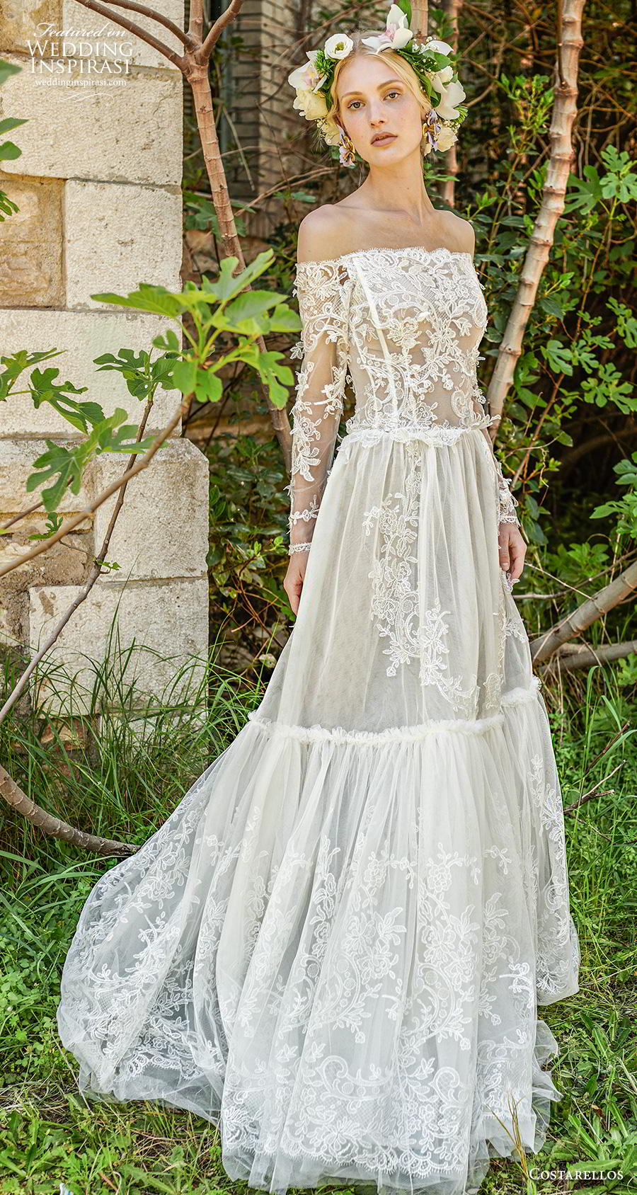 costarellos spring 2019 bridal long sleeves off the shoulder straight across neckline heavily embellished bodice romantic bohemian soft a  line wedding dress sweep train (5) mv