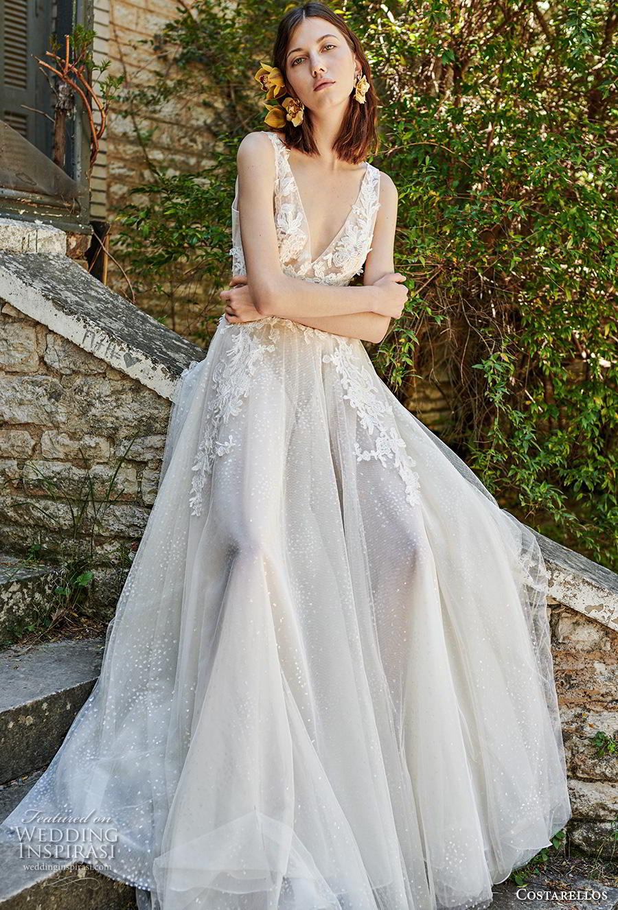 costarellos spring 2019 bridal sleeveless deep v neck heavily embellished bodice romantic a  line wedding dress (20) mv