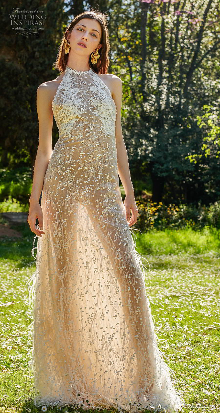 costarellos spring 2019 bridal sleeveless halter neck full embellishment elegant glamorous champagne modified a  line wedding dress (22) mv