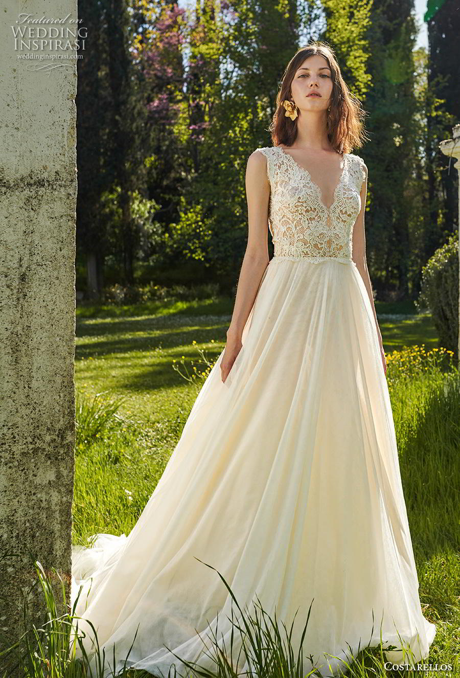 costarellos spring 2019 bridal sleeveless thick strap v neck heavily embellished bodice romantic a  line wedding dress chapel train (25) mv